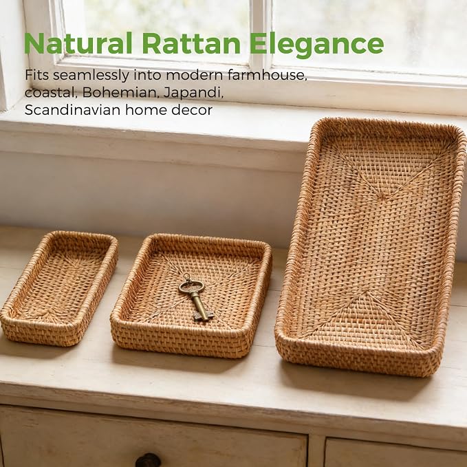 Rattan Serving Tray,Rectangle Wicker Storage Basket Set of 3 for Organizing | Natural Rattan, Decorative Serving Woven Trays Wicker Baskets for Storage, Home Decor, Bathroom, Kitchen Counter