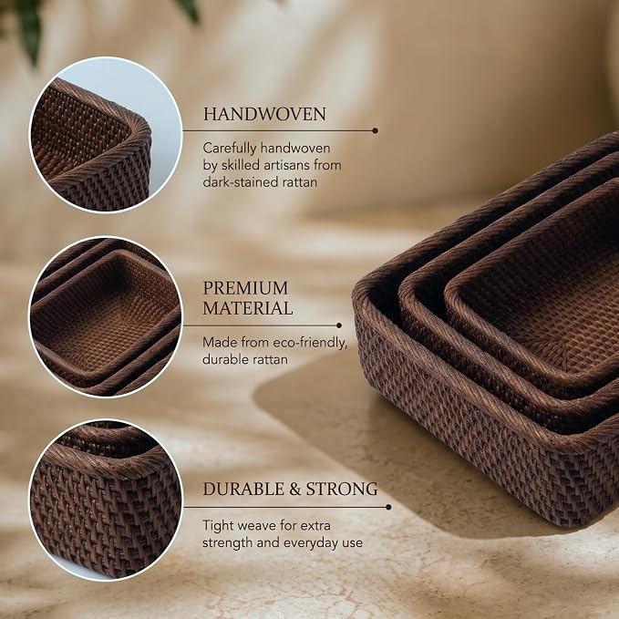 Yangqihome Natural Rattan Storage Baskets, Rectangular Woven Fruit Baskets, Decorative Wicker Basket and Small Baskets for Organizing,Set of 3, (Brown)