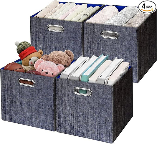 Posprica Storage Cube Basket Bins,13×13 Foldable Storage Containers for Shelf Cabinet Bookcase Boxes,Thick and Heavy Duty Fabric Drawer (4pcs, blue)