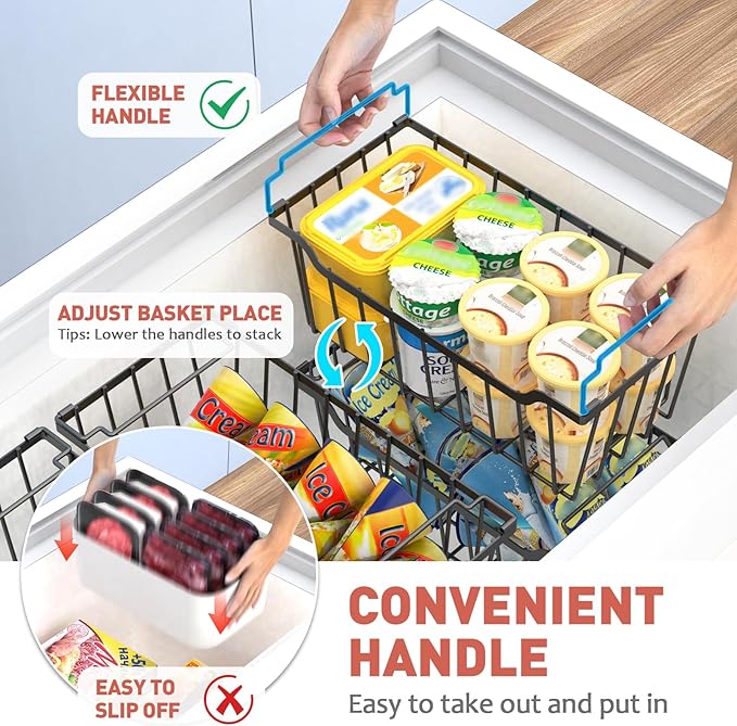Goovilla Freezer Organizer Bins for 5-7 Cu.FT Chest Freezer, 4 Pack Black | Foldable Handle Stackable Freezer Baskets, Coated Metal Freezer Storage Bins with Better Space Utilization, Deep Organization