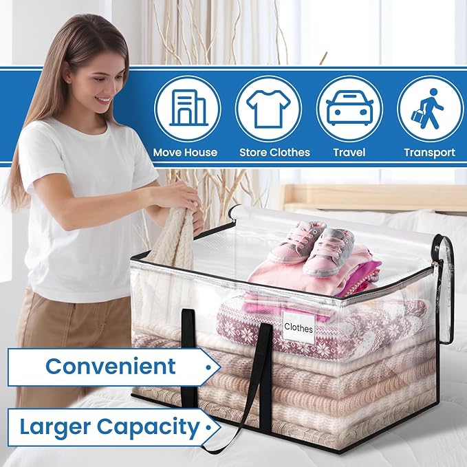 RoomHacks Moving Bags, Heavy Duty Large Storage Bags, 88L, 2 Pack, Clear | Water-Resistant Packing Bags with Reinforced Handles & Dual Zippers, Foldable Storage Totes for Dorm Move & Home Organization