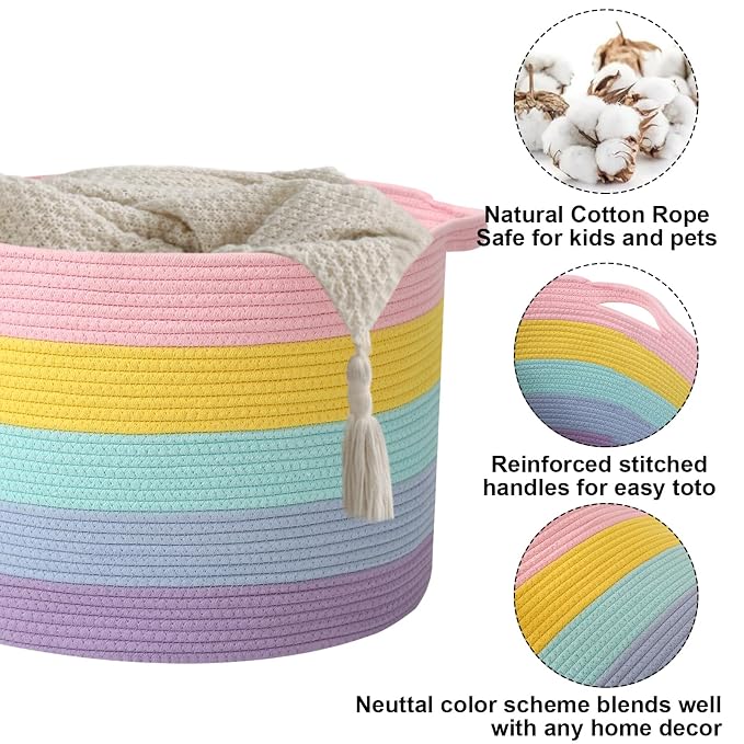 65L Large Blanket Basket,Woven Rope Laundry Basket-Colorful | Collapsible, reinforced handles, nursery storage bin organizes clothes, toys and pillows for living room, bedroom bathroom