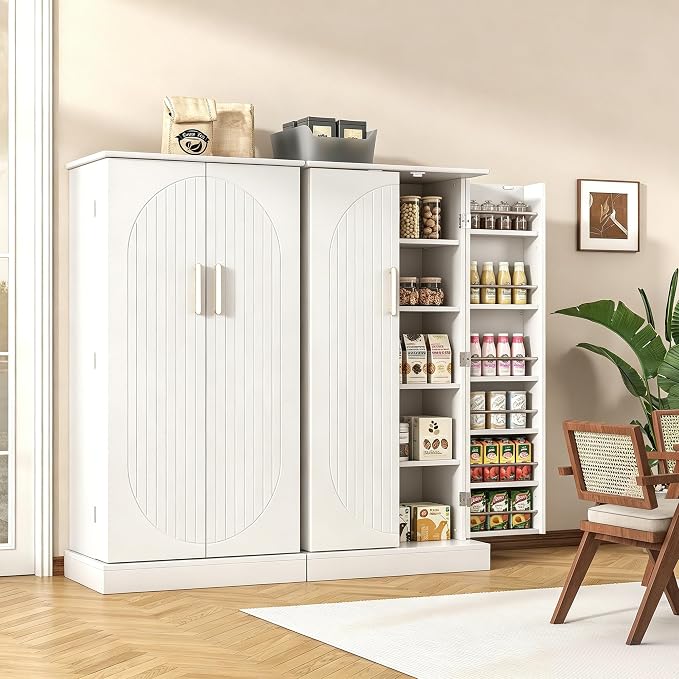 kepptory 47" Kitchen Pantry Cabinet with Doors and Adjustable Shelves, Freestanding Pantry Storage Cabinet, Farmhouse Buffet Cupboard for Kitchen, Dining Room, Living Room, White