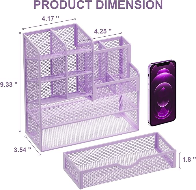 Marbrasse Mesh Pen Holder for Desk, Multi-Functional Pencil Organizer with Drawer, Desk Organizers and Accessories for Office Art Supplies (Purple)
