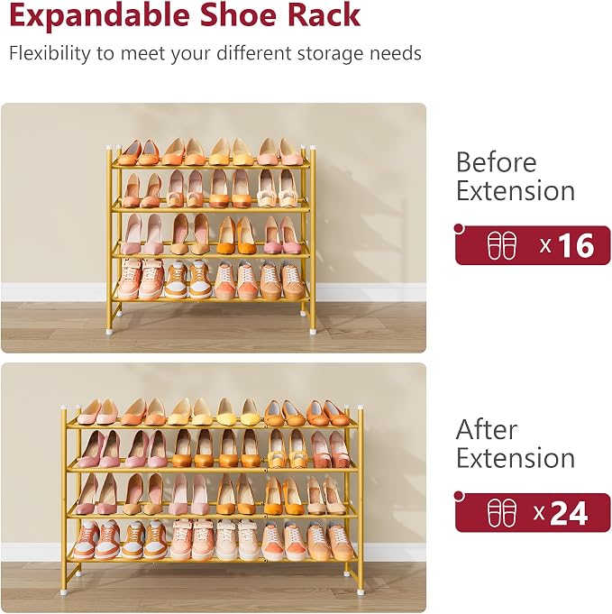 Expandable Shoe Rack for Closet 4 Tier, 28“-41“Stackable, Gold | Adjustable Shoe Organizer Closet Shoe Rack Floor, Metal Shoe Shelf Storage for Entryway, Closet, Garage, Front Door Entrance