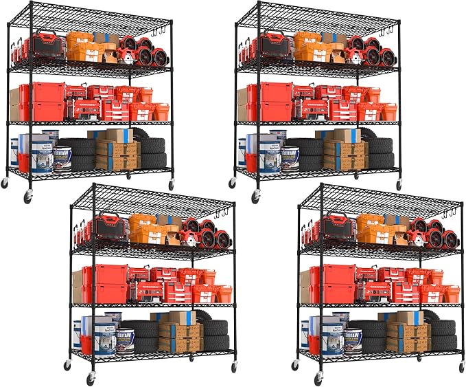 PrimeZone 4 Tier 55.5"W x 24"D x 80"H Heavy-Duty Wire Shelving with Wheels | Tote Storage Rack, Adjustable Shelves, 2400 LBS Capacity, 4" Rolling Casters, 25.4mm Steel Tube for Warehouse, Basement, 4PCS