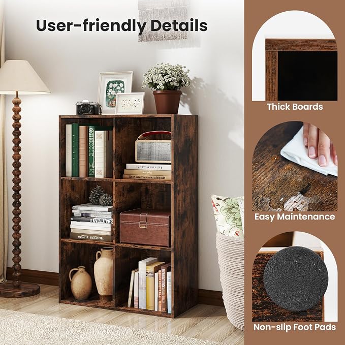 Giantex 6-Cube Bookcase, 3-Tier Cubby Bookshelf, Horizontal Vertical Display Rack with Anti-Tipping Kits, Modern Storage Organizer Shelf Unit for Living Room, Home Office, Rustic Brown | Horizontal Vertical Display Rack with Anti-Tipping Kits, Modern S...
