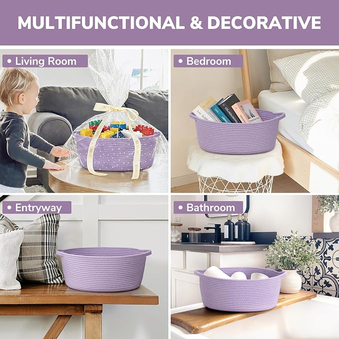 CHICVITA Large Gift Basket Empty with Bags & Ribbon for Baby Shower, Purple | 13.6"x 10" x 6" Woven Gift Basket Empty to Fill for Holiday, Rope Baskets for Organizing, Birthday Basket, Dog Toy Basket