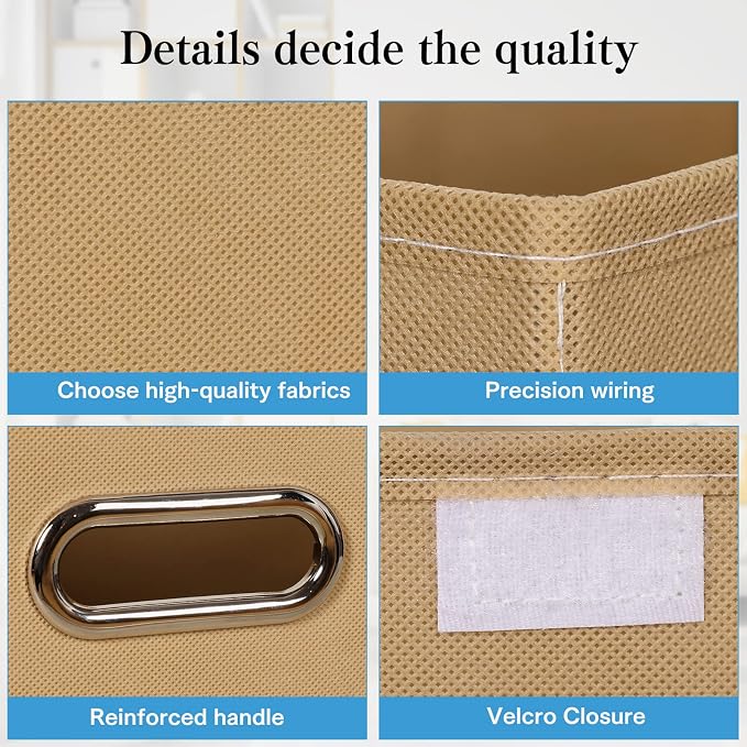 STOREONE Fabric Storage Cube Bins Foldable Organizer Container Collapsible Basket with Lids and Metal Handles, for Home, Bedroom, Closet 3 Pcs (Khaki)
