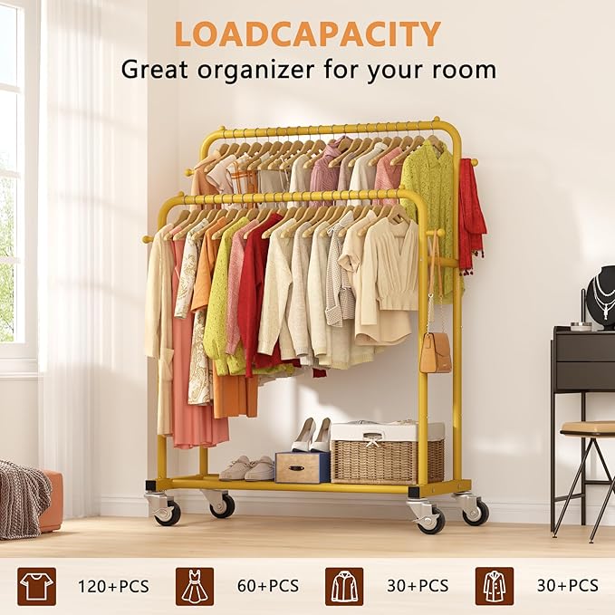 Laiensia Double Rods Garment Rack with Wheels, Clothing Rack for Hanging Clothes,4 Hooks, Multi-functional Bedroom Clothes Rack, Gold