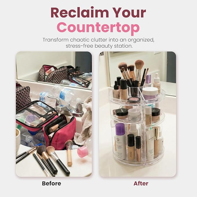 Masirs 360 Rotating Makeup Organizer Countertop, Adjustable Shelf, Clear | 360-Degree Rotating Makeup Organizer, Adjustable Shelf Height, Cosmetic Perfume Skincare Storage, Vanity Countertop, Clear