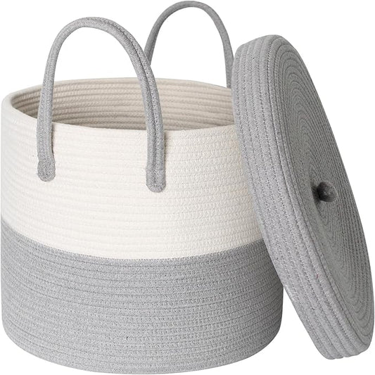 Storage Basket with Lid, Blanket Basket Living Room, Large Woven Cotton Rope Baskets for Storage, Kids Toy Storage Bin, Wicker Laundry Basket, Blankets Pillows Organizer Holder,15"x13", Gray