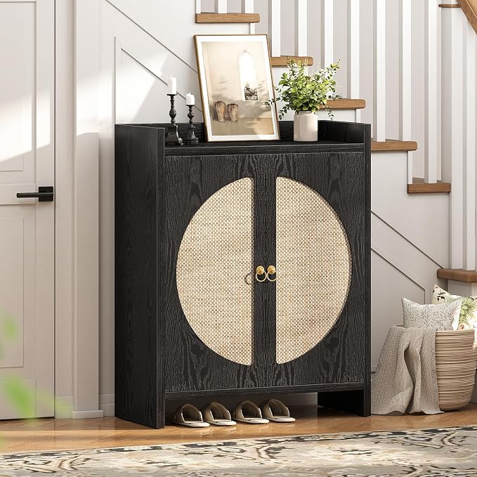 Shoe Cabinet Storage for Entryway - Rattan Entry Way Shoe Storage Cabinet with Adjustable Shelves, Wood Shoe Organizer Cabinet, Accent Cabinet with Doors for Entrance Hallway Living Room Foyer