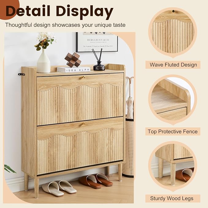 BERRYMERRY Oak 31.5" Fluted Shoe Storage Cabinet with 2 Flip Drawer | narrow,entryway,adjustable feet,32 pairs shoe,shoe organize,hidden shoe rack,fluted panel,wave pattern,wood,space saving