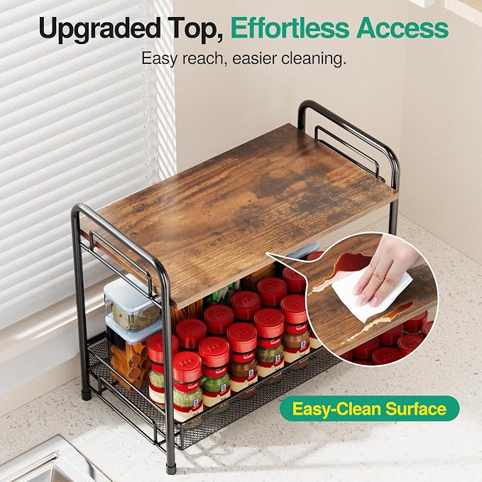 Spice Rack Organizer for Countertop with Wood Top, 2-Tier Foldable Metal Rust-Proof Standing Large Seasoning Storage Shelf with Guardrail & Mesh Design for Kitchen Cabinet Living Room, Black