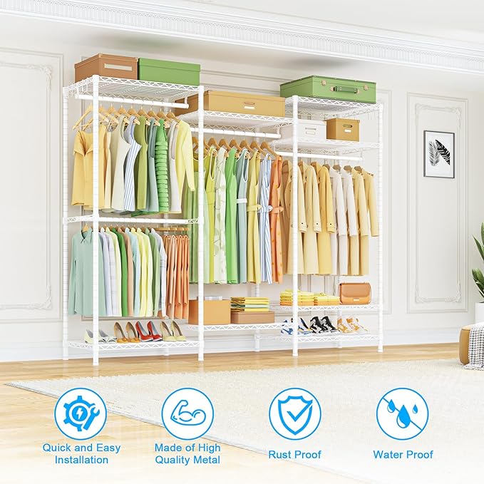E13 Heavy Duty Clothes Rack（With 4 Hanger Rods & 8 Shelves） Freestanding Clothing Racks for Hanging Clothes，Adjustable Closet Organizer，Metal Garment Rack 63" W x16 D x77 H，Max Load 900LBS，White