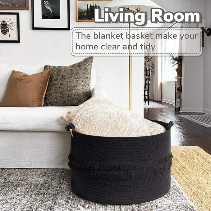 CherryNow 90L Large Woven Rope Blanket Basket with Tassel, 22" x 14", Black | Boho Basket for Toys, Clothes & Pillows Storage, Fits Bedroom Living Room Home Décor, Laundry Hamper with Knotted Handles