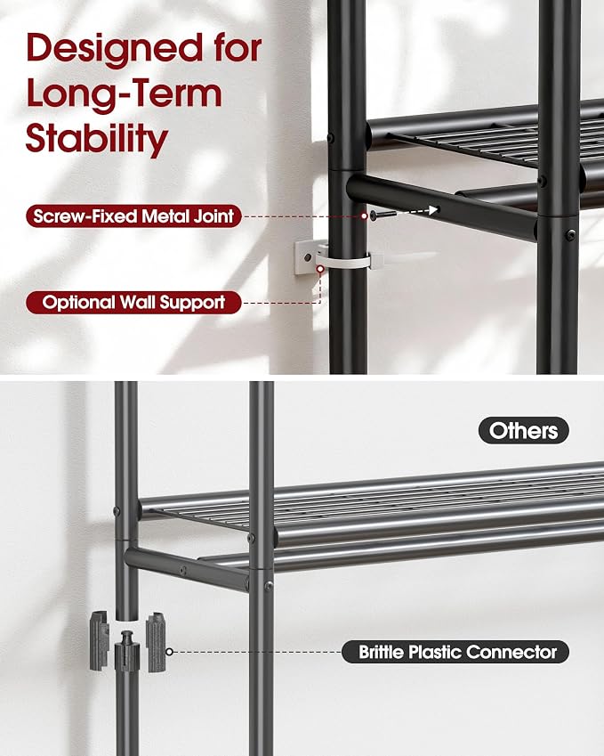 Sakugi Clothes Rack - Double Hanging Rod Clothing Rack with Wheels & Leveling Feet, Large Capacity Wardrobe Closet with Shelves for Bedroom, Laundry Room, Entryway, 45.2" x 12.6" x 80.7", Black