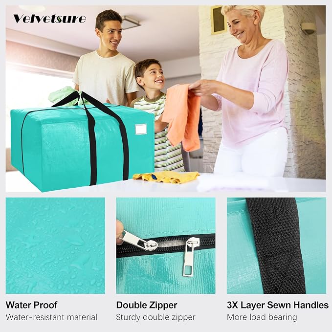 6 Pack Heavy Duty Extra Large Moving Bags W/Backpack Straps - Strong Handles & Zippers, Storage Totes For Space Saving, Fold Flat, Alternative to Box and Bin (40 gal, Aquamarine)