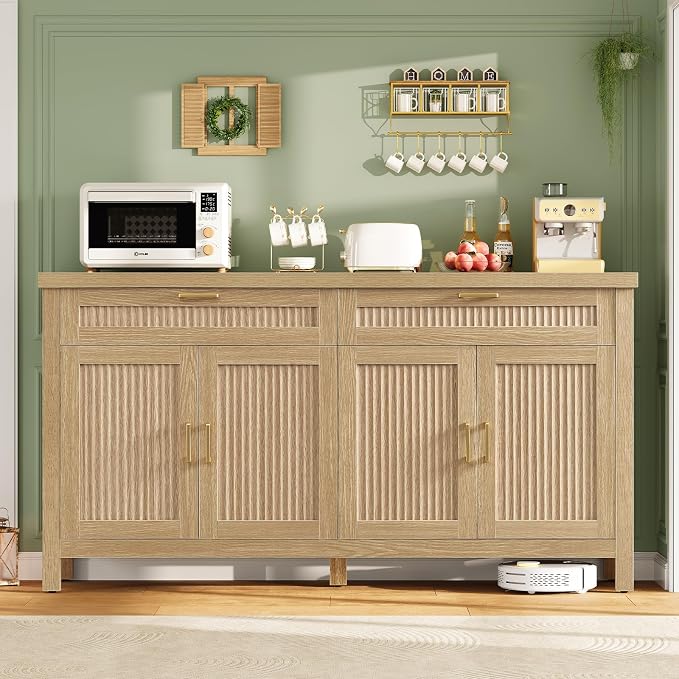 usikey 63" Buffet Cabinet with Storage, 2 Adjustable Shelves and 2 Drawers | Large Sideboard Cabinet, Modern Fluted Coffee Bar for Kitchen, Living Room, Natural