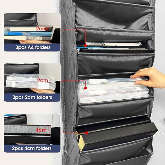Over Door Hanging File Organizer, 10 Extra Large Pockets (Grey) | Wall file organizer, 10 extra large pockets, heavy-duty fabric. Hanging folders for mail, magazines.13.78"W × 51.18"H