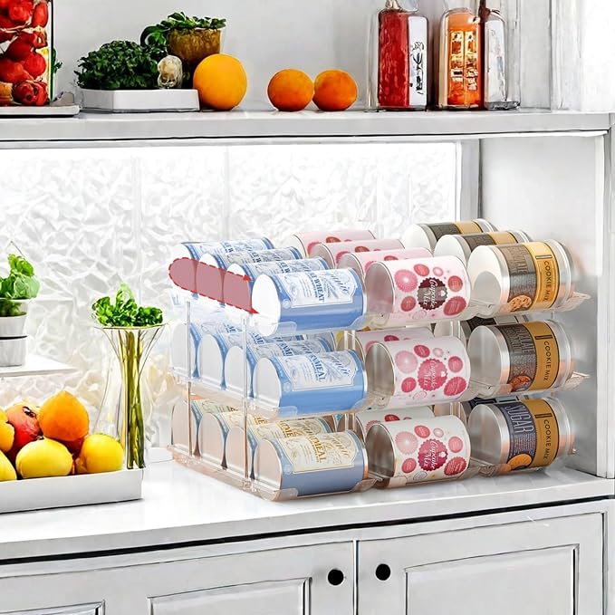 Attelite Can Organizer for Pantry, 3 Sets 3 Tiers Can Storage Organizer Pantry,Soda Can Organizer for Fridge 36 Cans Rack Automatic Rolling Stackable Canned Food Organizer,Clear