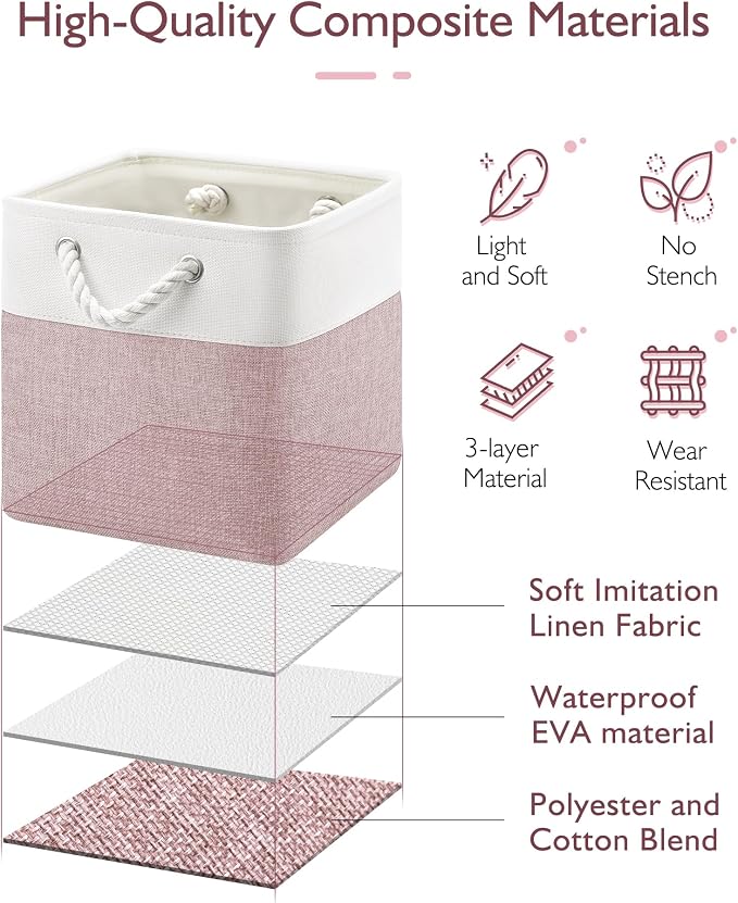 Patvingot 11-Inch Fabric Cube Storage Bins with Handles,4 Pack,Foldable | For cube shelves and closets,keeps grouped for everyday access,reinforced opening and fold-flat storage,white and pink