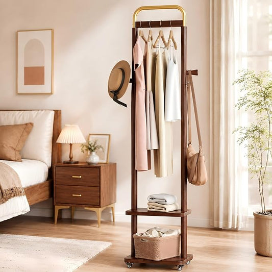 Solid Rubberwood Coat Rack – 71.2" Tall Standing Rack with Locking Wheels, 2-Tier Shelves & Side Hooks, Slim Hall Tree for Entryway or Bedroom (Walnut Brown 15.7" W x 71.2" H)