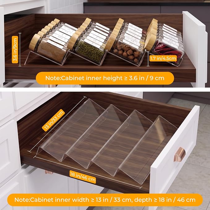 Acrylic Spice Drawer Organizer with 28 Spice Jars and 216 Labels,Non-slip Rubber, 4 Tier Spice Racks Tray Seasoning Containers for Kitchen Drawers,Cabinets,Countertops,13" Wide * 18" Deep