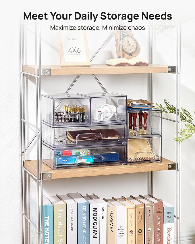 Vtopmart Clear Stackable Storage Drawers Set of 5, Plastic Organizer Bins for Makeup, Cosmetics, Beauty Supplies,Ideal for Vanity, Bathroom,Cabinet,Pantry Organization