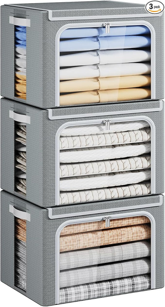 Yecaye Clothes Storage Bins with Metal Frame, Foldable Organizer Box, 40L | Stackable Zippered, With Lid, Clear Window＆ PU Leather Handles