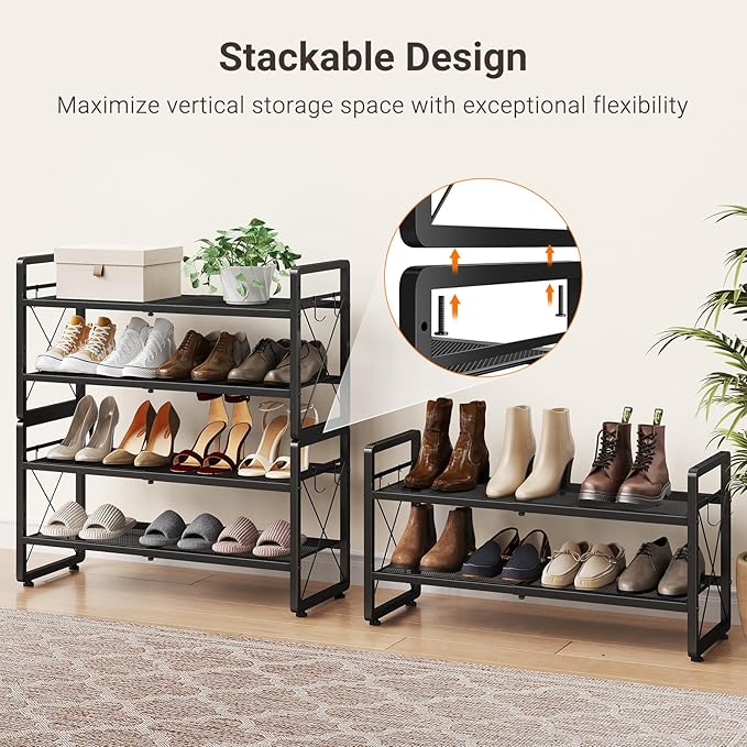 ELYKEN Expandable Shoe Rack for Closet, 4-Tier Metal Black Shoe Organizer | Adjustable Height Shoe Shelf for Boots, Heels, with 8 Hooks, Stackable Shoe Stand Holder for Entryway, Garage, Door Entrance