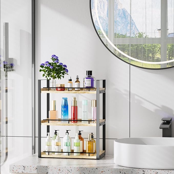 Bathroom Counter Organizer, 3 Tier Wood Countertop Shelf | for Vanity, Skincare, Makeup, Coffee Storage, Wood Shelves, Durable Metal Bracket, for Bathroom Sink, Kitchen (Rustic Brown)