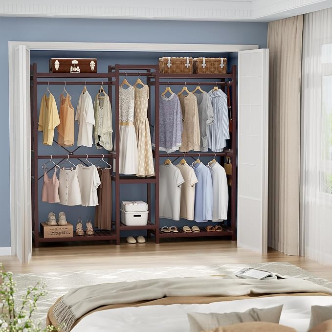 Bamboo Closet System Clothes Rack, Large Freestanding Garment Rack Clothing Rack for Hanging Clothes with 7 Storage Shelves and 5 Rods, Open Wardrobe Organizer with 4 Hooks, Espresso