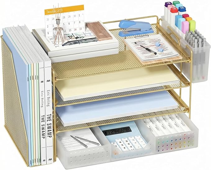 ECOLOVI Desk Organizer, 4-Tier Paper Organizer Letter Tray with File Holder, Drawer and 2 Pen Holders, Desktop File Organizer for Office Supplies, Workspace Storage, Gold