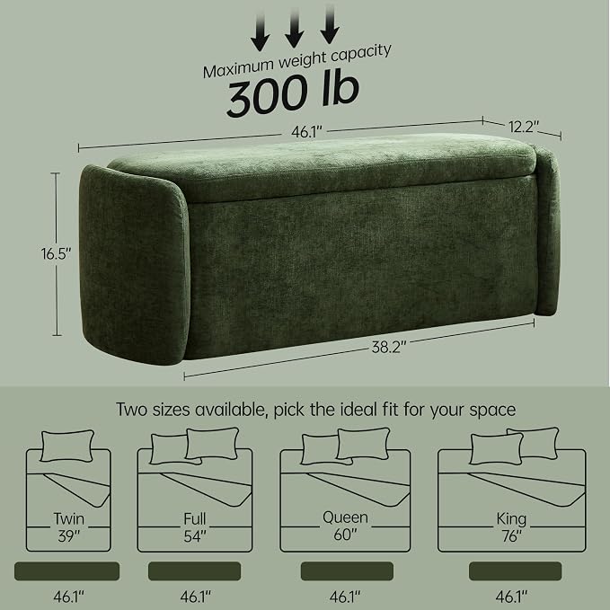 VKNOW Storage Bench, Upholstered Storage Ottoman Bench with Hinge, Green | Ottoman Bench with Large Capacity, Curved Frame, Soft Fabric, Storage Bench for Bedroom, Living Room, Entryway, Window