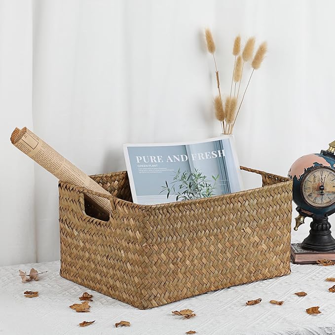 Hipiwe Seagrass Storage Basket Bin Rectangular Handwoven Wicker Storage Box with Handle Opened Baskets Box for Shelf Organizing Closet Bathroom, Caramel, Medium