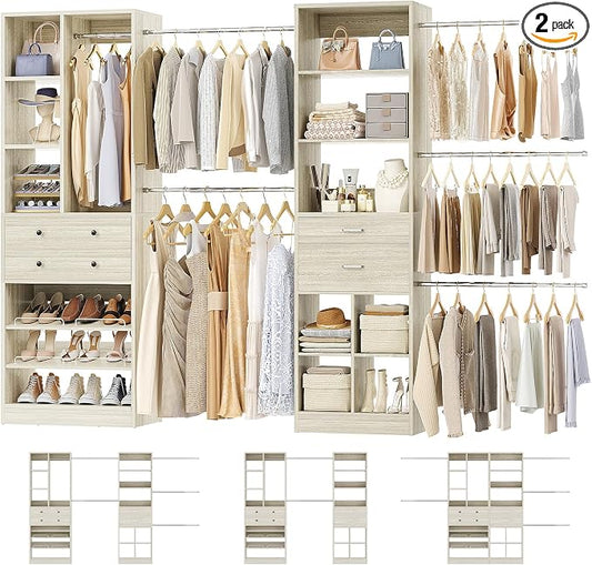Besiost Closet System, Up to 128.6"/10.7 FT Closet Organizer with 4 Wooden Drawers and Shelves, Walk-in Closet System with 6 Hanging Rods, Built-in Closet Fit 96"/8FT, 120"/10FT, Greige Oak Set 2