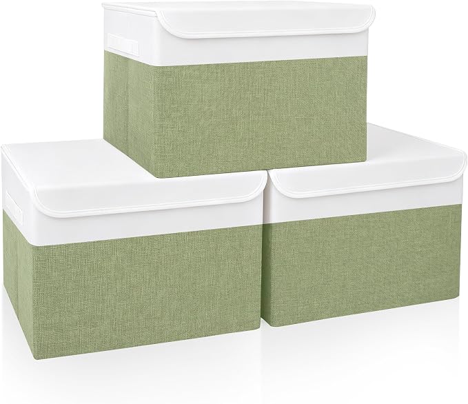 Large 17" 42 Quarts Collapsible Stackable Storage Bins with Lids [3-Pack] Foldable Fabric Linen Storage Boxes Cube, Closet Organizer Baskets with Label for Home (16.7 x 12 x 12", Green & White)