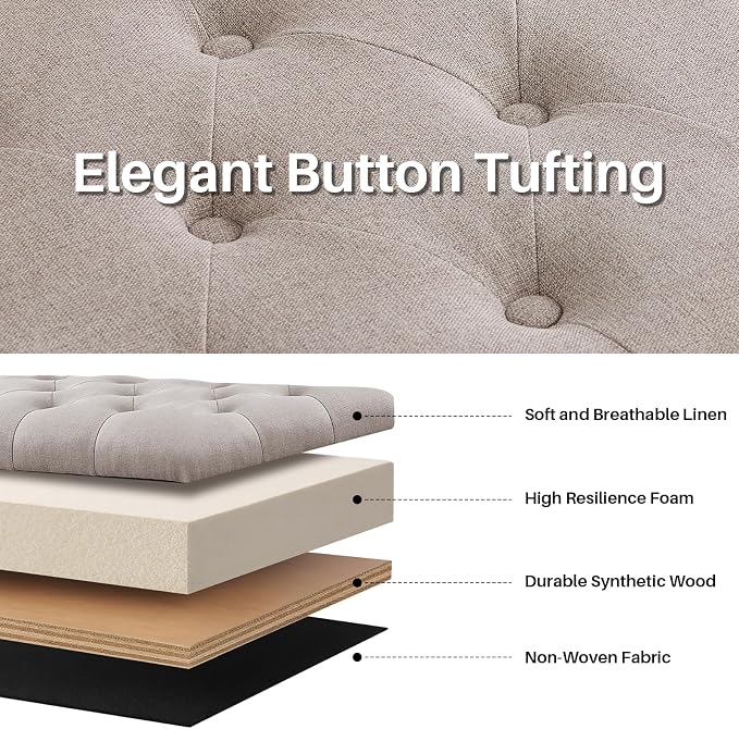 63.8" Storage Bench for Bedroom Rolled Arm Ottoman 700 Lb Linen Light Khaki | Premium Linen End of Bed Bench Elegant Upholstered Ottoman with Hidden Storage Entryway Shoe Bench Window Seat