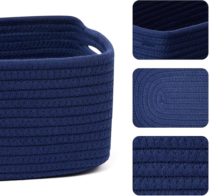 MiniArk Small Storage Baskets for Organizing | Closet Organizer Bins | Shelf Toy Basket | Woven Rope Baskets | Cube Decorative Box | Shallow Basket | 13x8.5x5.1” | 4 Packs Navy Blue