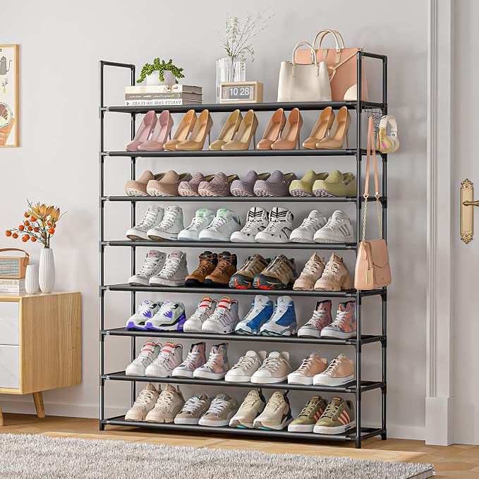 OYREL 8 Tier Shoe Organizer, 33.3in Wide x 11.2in Deep x 55.7in Tall, Black Metal and Plastic Shoe Rack, Holds up to 32-40 Pairs of Shoes | 32-40 Pairs, Closet, Entryway, Garage, Door Entrance, Large Storage Shoes Holder Stand, Sturdy Free Standing Boo...