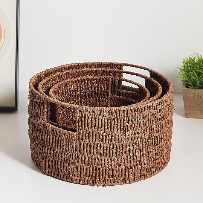 Wicker Storage Basket, Hand-Woven Paper Rope Large Round Woven Basket With Handles, Wicker Baskets for Organizing/Storage, Brown, 3-Pack