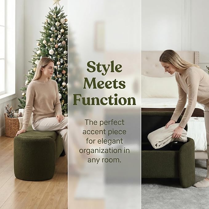 LukeAlon 50 inch Storage Ottoman Bench, Upholstered Faux Leather End of Bed Bench with Large Storage, Shoe Bench for Entryway, Living Room, Bedroom, Solid Wood Frame (Christmas Tree Green)