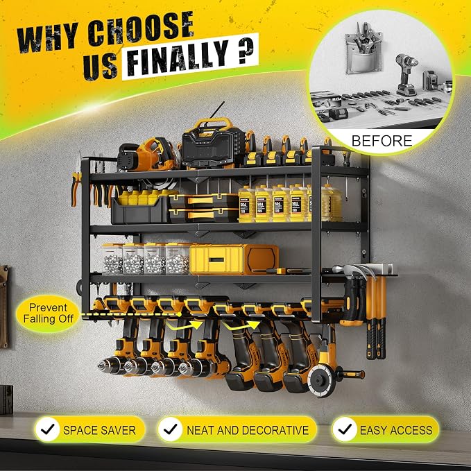Hipidian Power Tool Organizer Wall Mount - Storage Rack with 4 Drill Holders for Drills Cordless Tools. Heavy Duty Iron Garage Tool Organizer Storage for Workshop Shed (8 Slots 4 Layers)