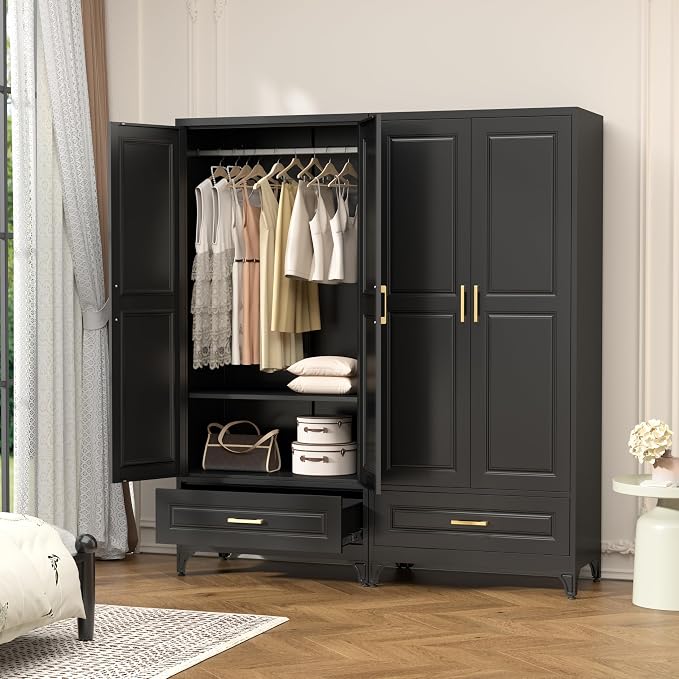 Polup 71" Black Metal Armoire Wardrobe Closet with Doors and 1 Drawer | Heavy Duty Steel Clothing Storage Cabinet, 180lbs Adjustable Shelves, Hanging Rod, for Office, Bedroom, Garage, Laundry