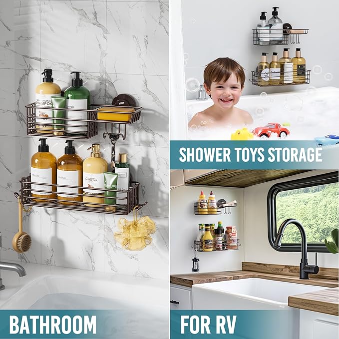TAILI Shower Caddy Suction Cup 2 Pack with Hooks & Soap Holder, No Drilling Bathroom Organizer with Large Capacity, Heavy Duty Shower Organizer for Bathroom,Metal Storage Basket-Brown