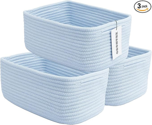 XUANGUO Small Woven Storage Baskets for Shelves, 12" x 8" x 5", Blue | Decorative rope storage bins for closets and toy storage; cute organizer baskets, empty gift baskets and nursery storage.