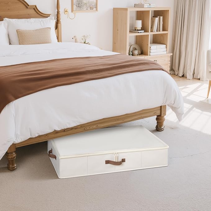 StorageWorks Underbed Storage Containers with Lids, 2-Pack 6" Low Profile Under Bed Organizers for Clothes, Bedding and Sweaters, 53L Large Fabric Storage Bins, Foldable Space Saving, Beige