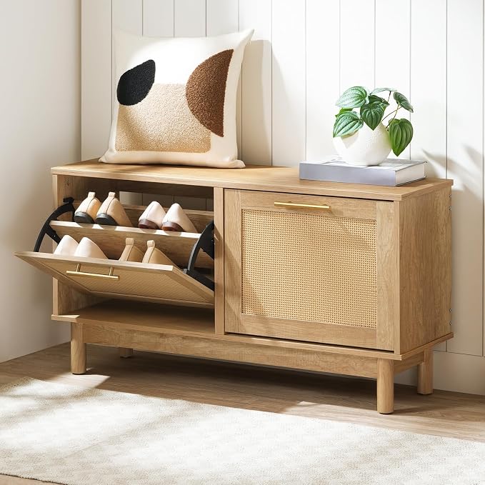 HOOBRO Shoe Storage Bench, Rattan Entryway Bench with 2 Flip Drawers, 39.4'' Hidden Shoe Cabinet with Adjustable Shelves, Comfort Seat Holds 300lb, Large Capacity Fits 8-12 Pairs, Natural NL51HX01